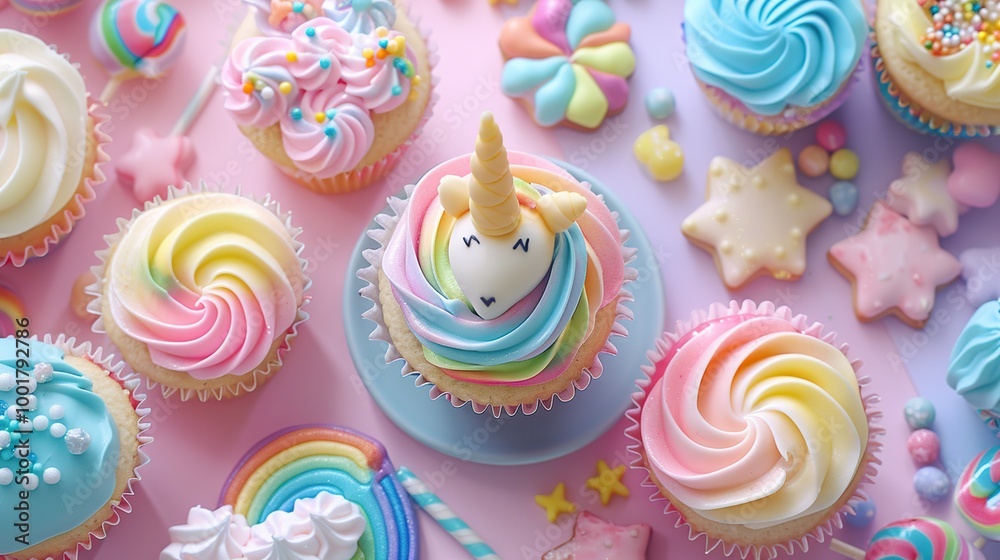 A whimsical top view of a dessert display with unicorn cupcakes, rainbow cookies, and candy jars
