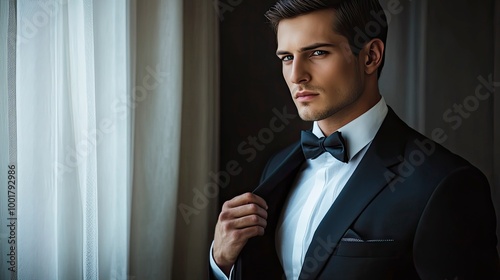 Groom fixing his jacket. Handsome groom dressed in formal suit getting ready for wedding. Elegant groom wedding fashion. with generative ai