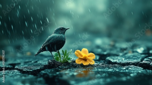 A small bird stands on a patch of grass with a yellow flower in the rain.