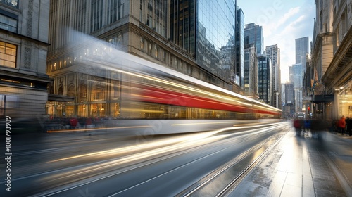 Blurry Cityscape with Speeding Trolley in New York City