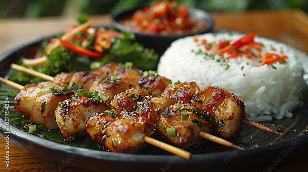 Grilled Squid Skewers with Rice and Salad