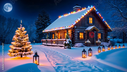 A charming cabin is beautifully decorated with colorful Christmas lights amidst a snowy scene, surrounded by lanterns and a festive tree under the moonlight.