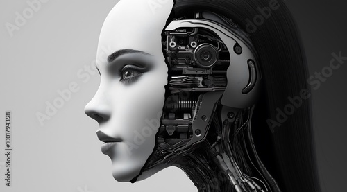 female humanoid robot with half its face being human and the other side showing mechanical parts, split in two to symbolize artificial intelligence's duality. Web banner in black and white