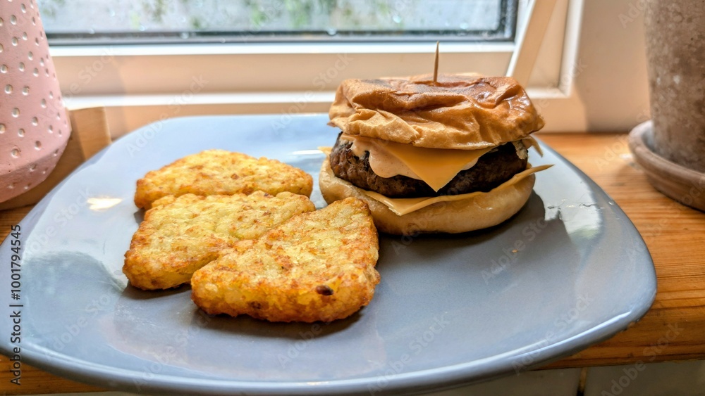 Home made cheeseburger with hash browns on blue plate, delicious food, tasty dinner