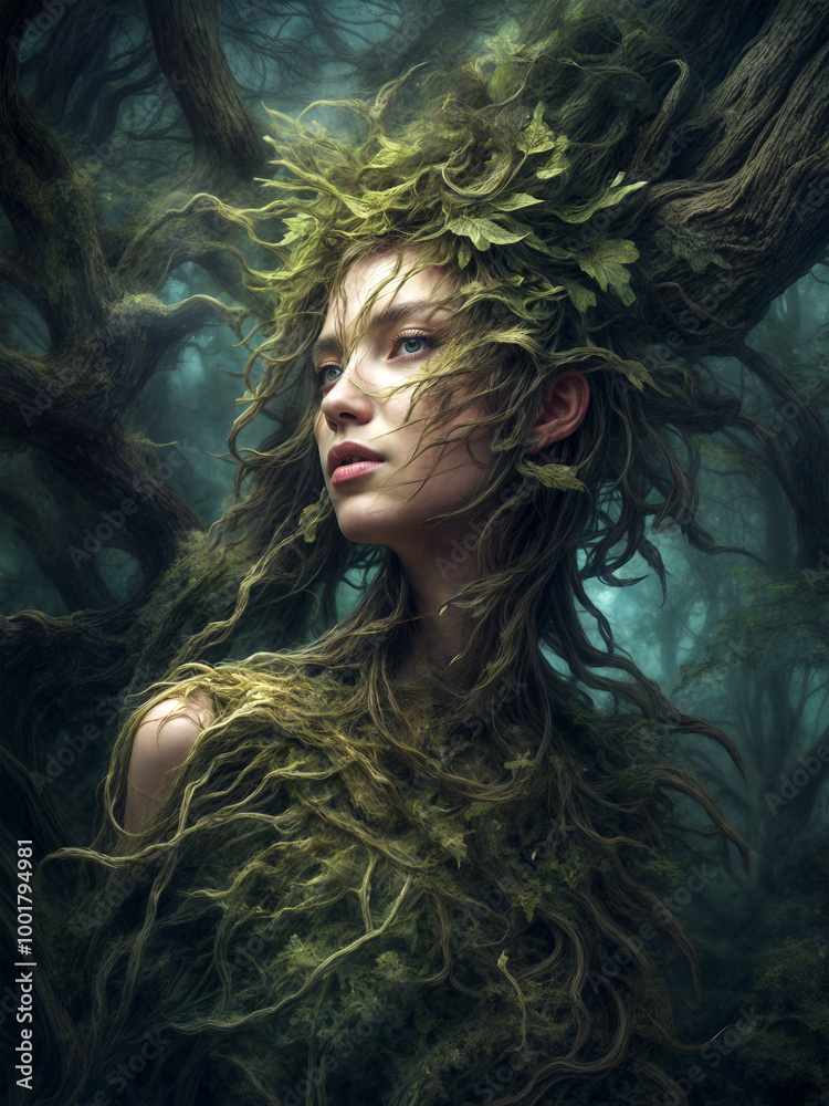 Spirit of the forest. Forest woman among the bushes Spirit of the forest. Forest woman among the bushes
