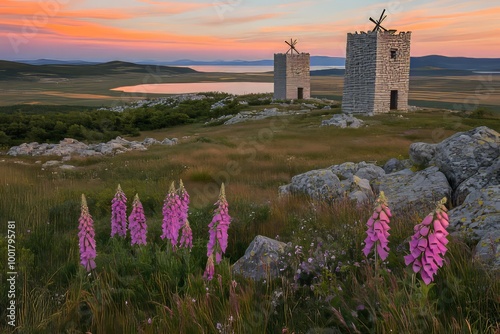 The Fourni island of Greece is dotted with windmills and spring flowers. photo