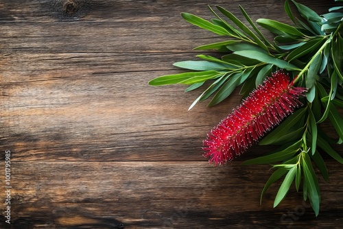 Grey timber backdrop with bottlebrush flowers photo