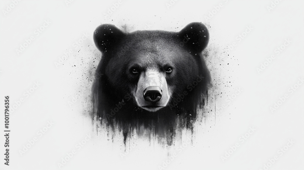 Fototapeta premium Black bear portrait with dripping ink effect, Dotwork Tattoo.