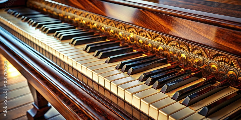 Elegant Close-Up of a Piano Keyboard Highlighting the Keys and Intricate Woodwork from an Angle Elegant Close-Up of a Piano Keyboard Highlighting the Keys and Intricate Woodwork from an Angle