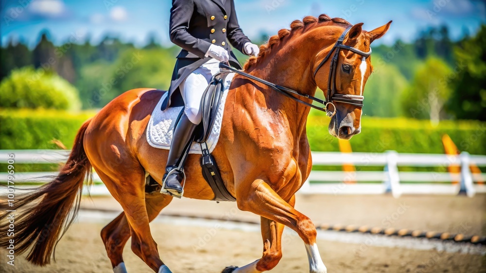 Elegant Dressage Horse Trotting in Action During a Competitive Equestrian Event on a Sunny Day Elegant Dressage Horse Trotting in Action During a Competitive Equestrian Event on a Sunny Day