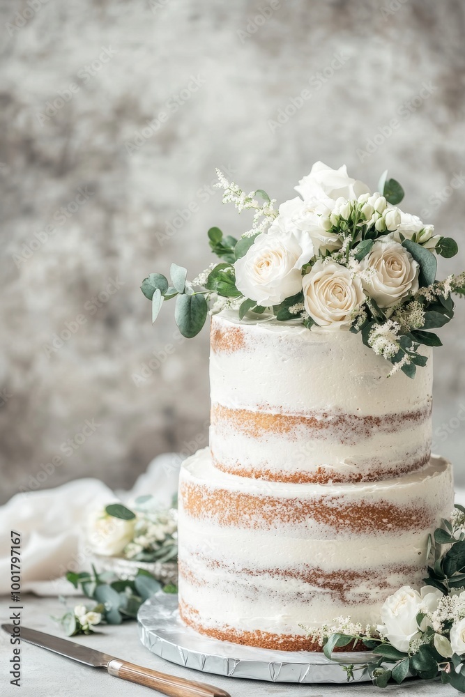 Simple white flowers and vines on a white icing tiered wedding cake Simple white flowers and vines on a white icing tiered wedding cake