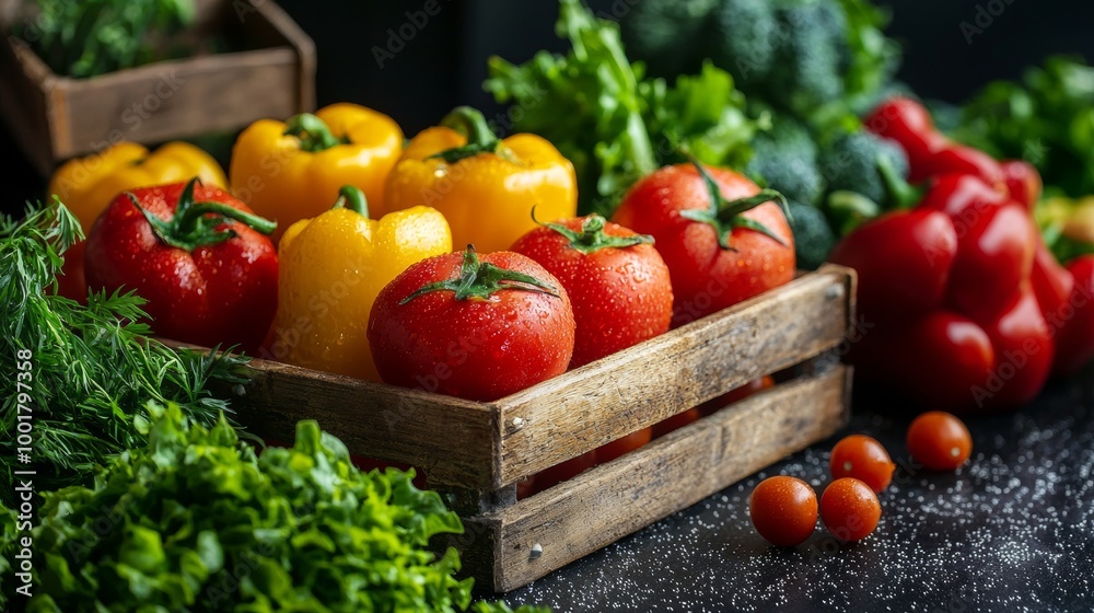 Fresh vegetables in a wooden crate with vibrant colors