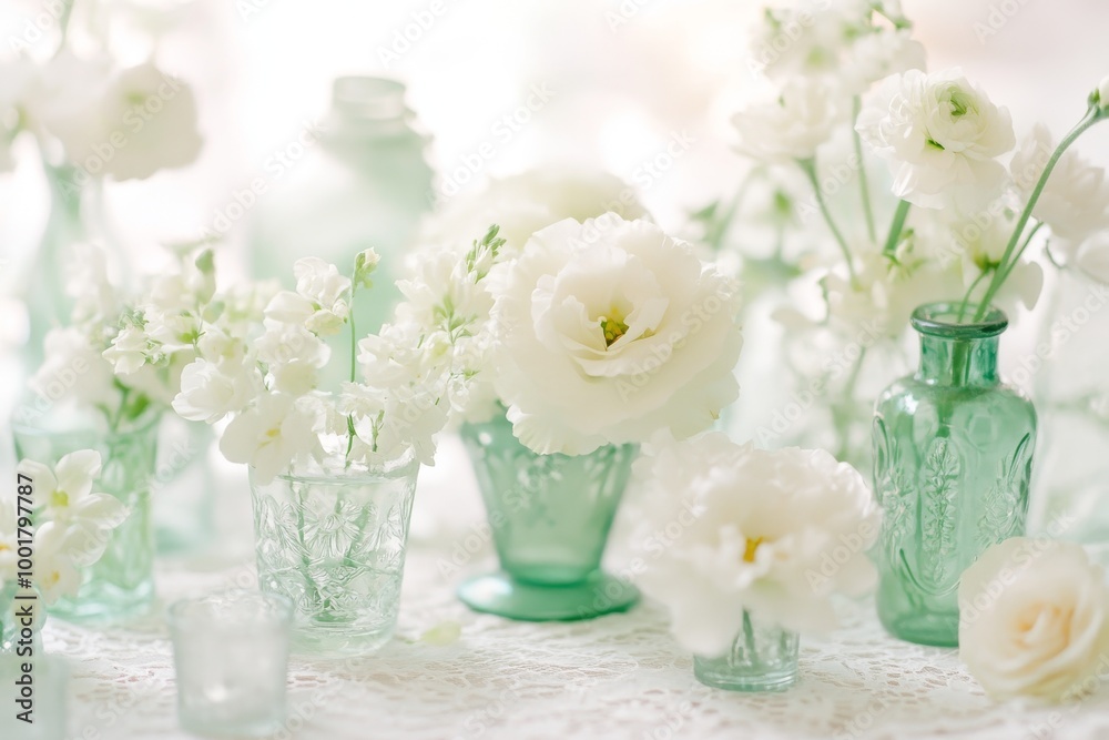 The decor for the wedding table is simple with flowers and greenery in glass bottles and vases The decor for the wedding table is simple with flowers and greenery in glass bottles and vases