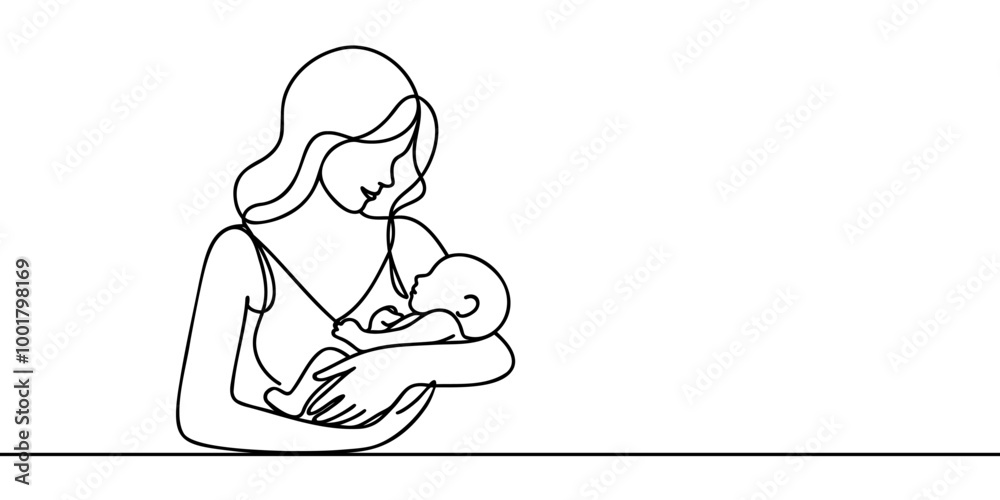 Woman holding baby in one line style. Vector illustration Woman holding baby in one line style. Vector illustration