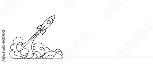 Hand drawn one line vector. One continuous line drawing of simple retro spacecraft flying up to the outer space nebula. Rocket space ship launch into universe concept.
