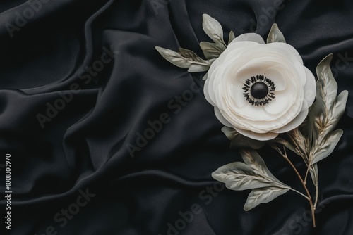 An arrangement of white flowers with a dark background made from dark sheets