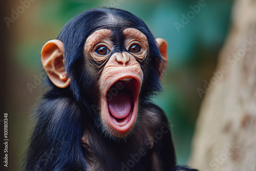 A close-up of a baby chimpanzee with an open mouth, showing a surprised or playful expression against a natural green background
 photo