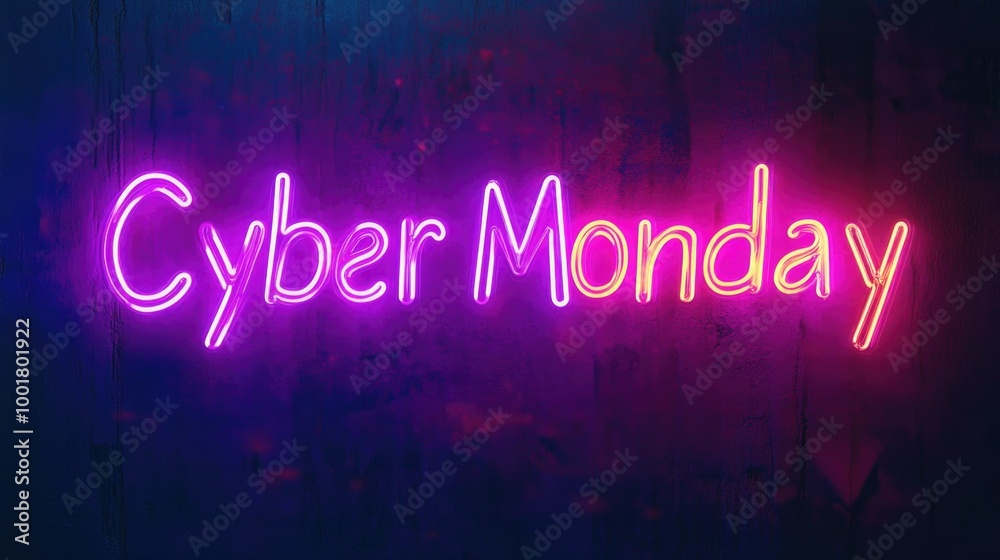 Obraz premium Vibrant neon cyber monday sign glowing on dark grunge background to highlight shopping deals concept