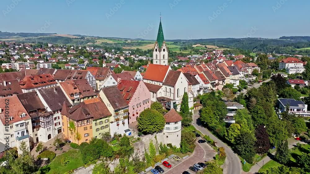 Aerial view of the town of Engen in Hegau with the historic old town, district of Constance, Baden-Württemberg, Germany, Europe Aerial view of the town of Engen in Hegau with the historic old town, district of Constance, Baden-Württemberg, Germany, Europe
