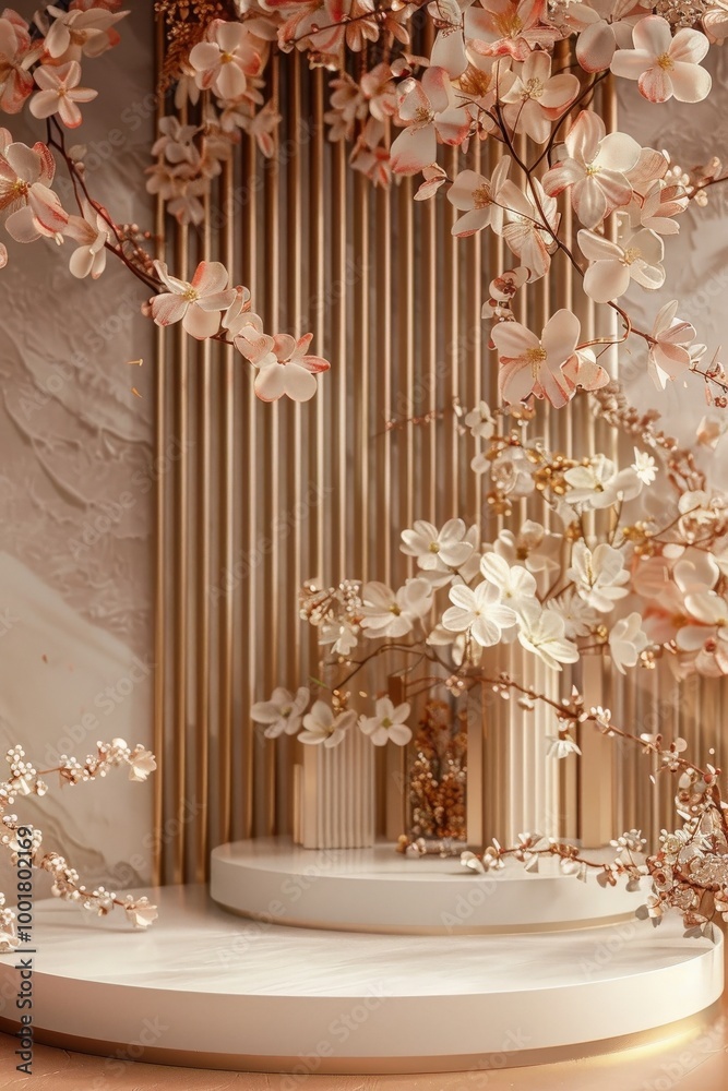 Elegant floral arrangement with soft blossoms and gold accents in a serene, minimalist interior setting. Generative AI Elegant floral arrangement with soft blossoms and gold accents in a serene, minimalist interior setting. Generative AI