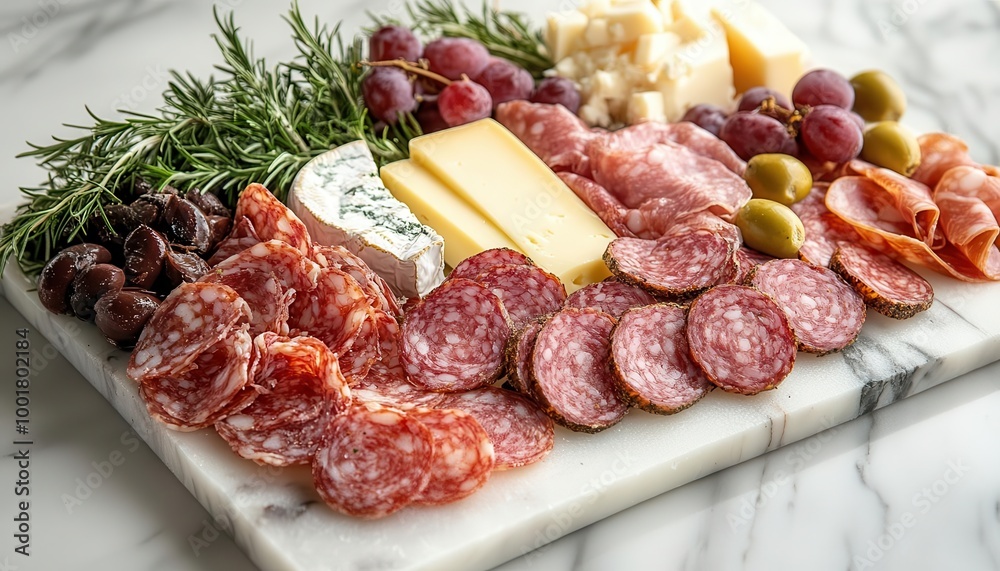 A gourmet charcuterie board with handcrafted cheeses, cured meats, and fresh herbs, elegantly arranged on a marble slab Realism Warm Tones High Detail A gourmet charcuterie board with handcrafted cheeses, cured meats, and fresh herbs, elegantly arranged on a marble slab Realism Warm Tones High Detail