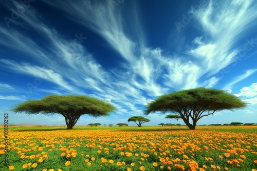 Ethiopian Highlands near the Simien mountains and Gonder, Ethiopia, Africa, Acacia tree and yellow Meskel flowers in bloom after the rains photo