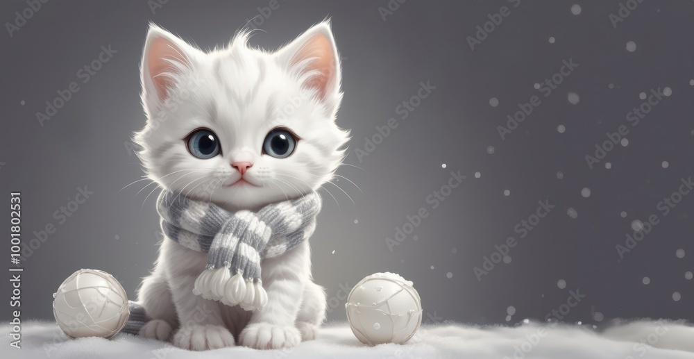 Fototapeta premium A cute kitten is wearing a scarf and looking at the camera