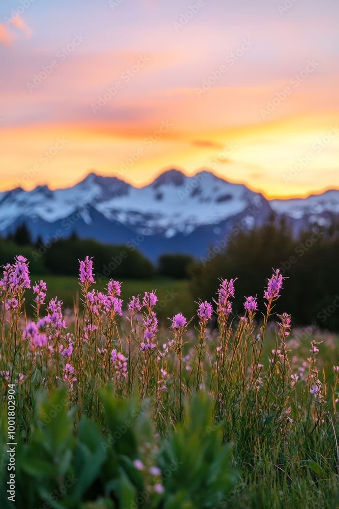 Obraz premium Tatshenshini-Alsek Wilderness Park, Alaska, USA, a field of flowers with a mountain range in the background