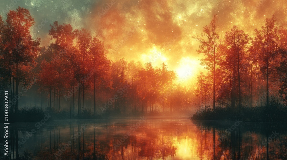 A serene forest scene with a mystical, starry sunset reflected in a still lake, creating a magical and ethereal atmosphere. A serene forest scene with a mystical, starry sunset reflected in a still lake, creating a magical and ethereal atmosphere.