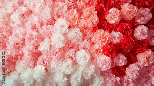 Pink wall created with a variety of flowers. Colorful carnations create a romantic and bright background. 3D rendering.