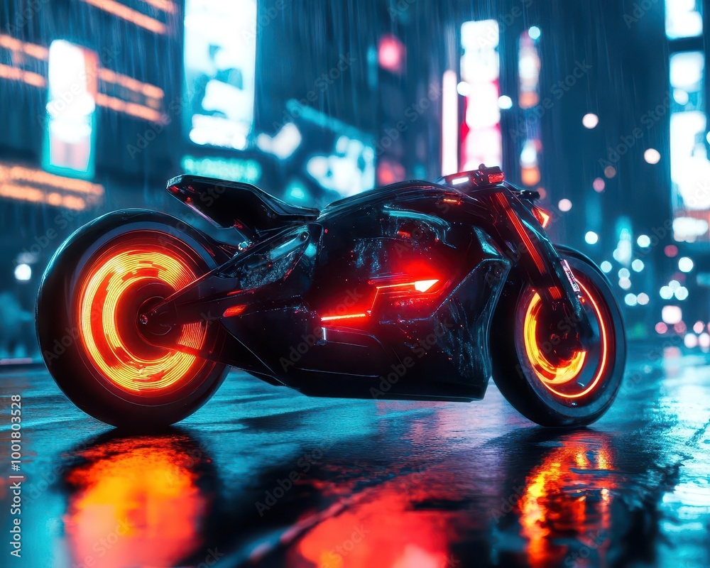 A sleek electric bike cruising through a modern cityscape, illuminated by soft neon lights reflecting off rain-soaked streets Cyberpunk Neon Motion Blur A sleek electric bike cruising through a modern cityscape, illuminated by soft neon lights reflecting off rain-soaked streets Cyberpunk Neon Motion Blur
