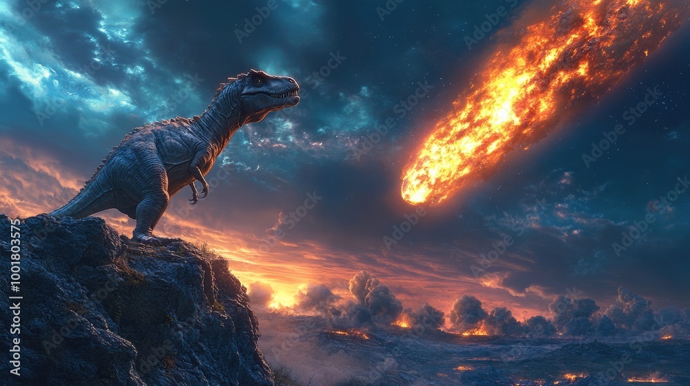 Naklejka premium Cosmic collision: the fall of an asteroid with its fragments, depicting the destruction and chaos unleashed upon dinosaurs, symbolizing the end of an era through powerful imagery of nature's force.