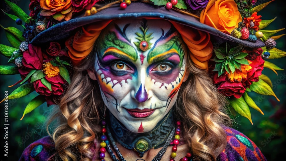 Enchanting Old Witch Makeup Display with Elaborate Face Paint, Textures, and Dramatic Accents Enchanting Old Witch Makeup Display with Elaborate Face Paint, Textures, and Dramatic Accents