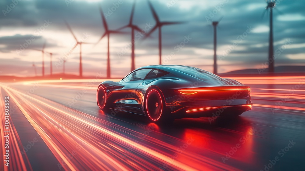 A sleek electric vehicle driving along a futuristic, solar-powered highway with glowing lane markers and wind turbines in the distance Futuristic Neon Motion Blur A sleek electric vehicle driving along a futuristic, solar-powered highway with glowing lane markers and wind turbines in the distance Futuristic Neon Motion Blur