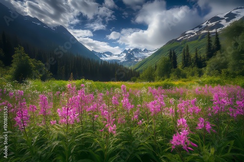 An amazing view of Mendenhall Towers and Glacier in SE Alaska, Alaska, USA during fireweed blooms