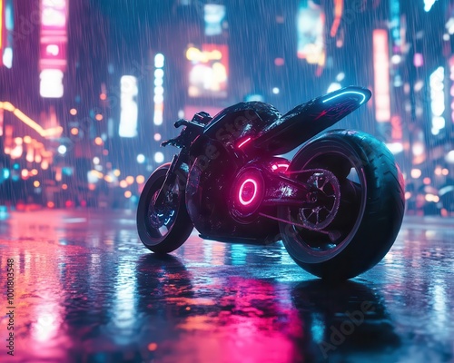 A sleek electric bike cruising through a modern cityscape, illuminated by soft neon lights reflecting off rain-soaked streets  Cyberpunk  Neon  Motion Blur photo