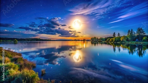 Enchanting Moonlight Illuminating a Serene Night Sky Over a Calm Landscape and Reflective Water Surface