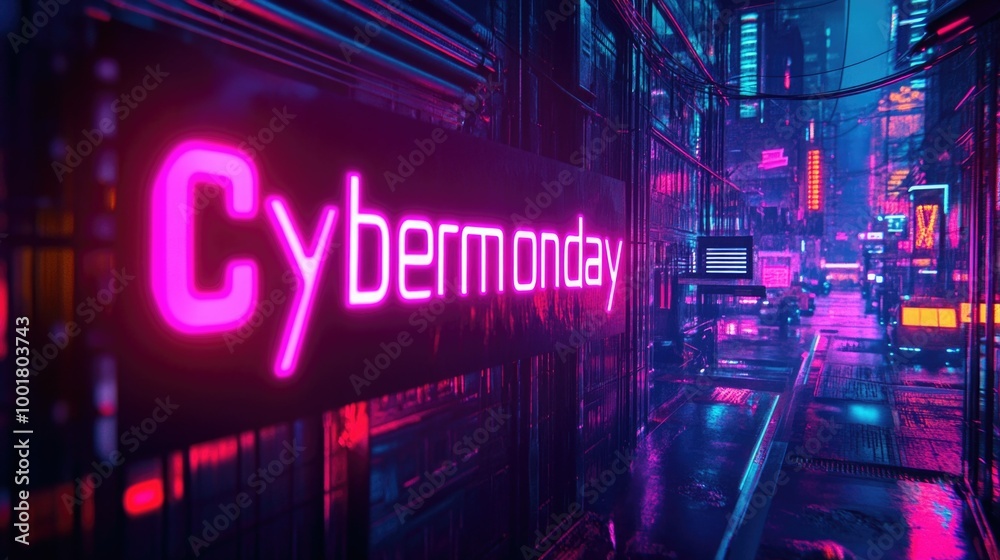 Neon cyber monday sign illuminating a futuristic city street with reflective wet pavement and digital billboards concept Neon cyber monday sign illuminating a futuristic city street with reflective wet pavement and digital billboards concept