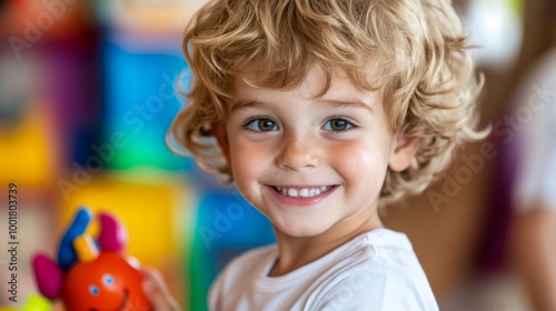 A smiling European child with playful eyes holds a toy close to the camera, surrounded by vibrant playroom elements, embodying a sense of joy and curiosity