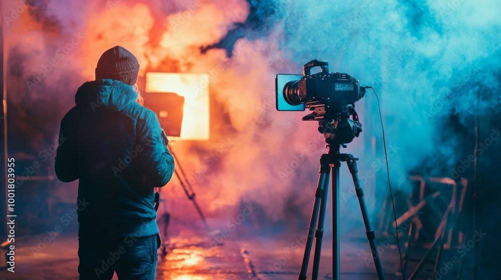 Fototapeta premium Film set with camera and smoke effects