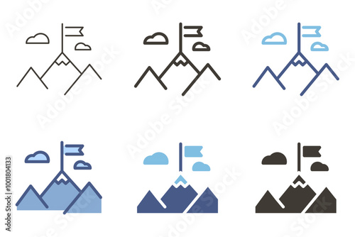 Mountain peak with flag vector icon. Achievement, success, goal. Adventure and accomplishment graphic element