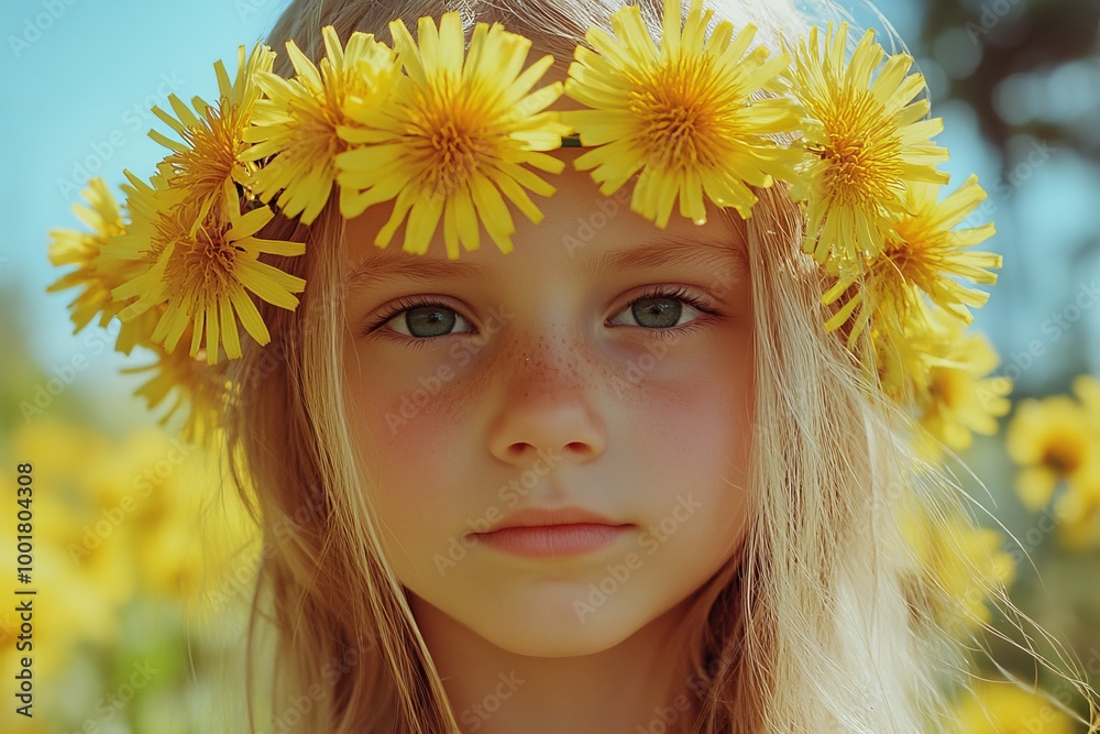 Dandelion flower crown worn by a spring girl Dandelion flower crown worn by a spring girl