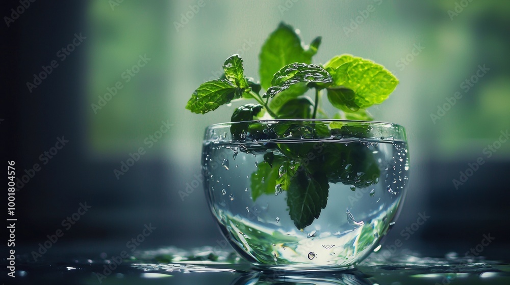 Fresh mint leaves in water glass with droplets Fresh mint leaves in water glass with droplets