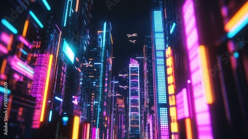 Futuristic cityscape with neon lights and drones in vibrant colors for ?yber monday concept