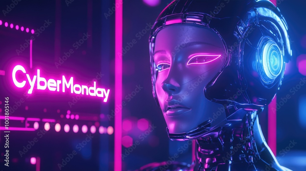 Futuristic robot head with neon lights and cyber monday text, tech shopping concept Futuristic robot head with neon lights and cyber monday text, tech shopping concept