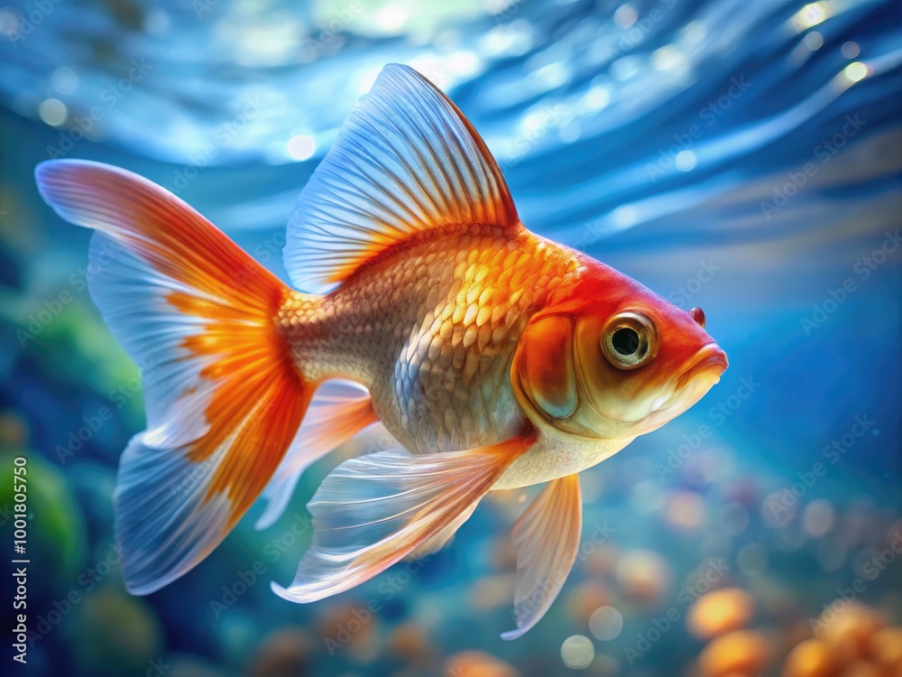 Fascinating Close-Up of Newborn Goldfish Swimming in Clear Water with Delicate Fins and Colors Fascinating Close-Up of Newborn Goldfish Swimming in Clear Water with Delicate Fins and Colors