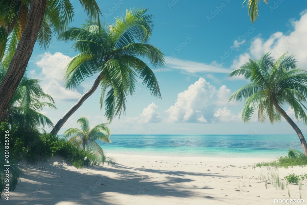 Fototapeta premium Tropical Beach Paradise: Palm Trees, White Sand, and Azure Water
