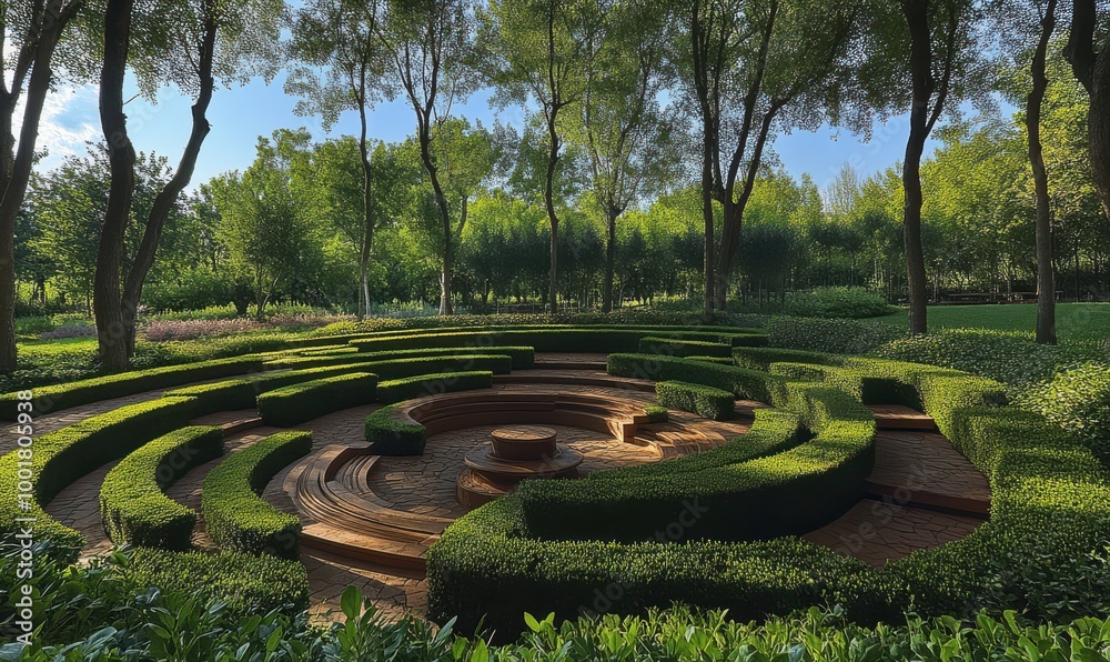 A serene garden with neatly arranged green hedges and wooden benches for relaxation amidst shaded trees A serene garden with neatly arranged green hedges and wooden benches for relaxation amidst shaded trees