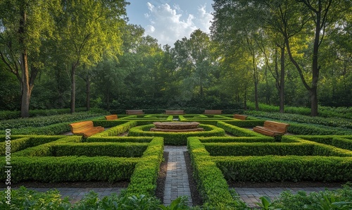 Inviting garden with green hedges and wooden benches for relaxation in a tranquil outdoor setting