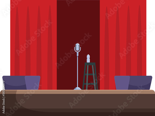 Empty stand up comedy stage is set with a microphone and stool, the red curtains are closed, and the spotlights are waiting to shine